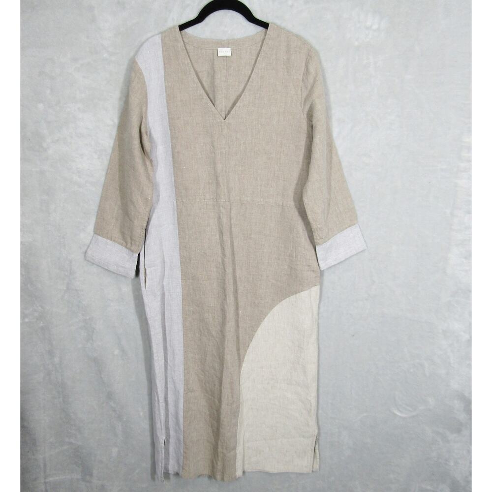 Poetry Dress Womens US 6 Linen Beige Gray Patchwork V Neck Pockets Midi VT91